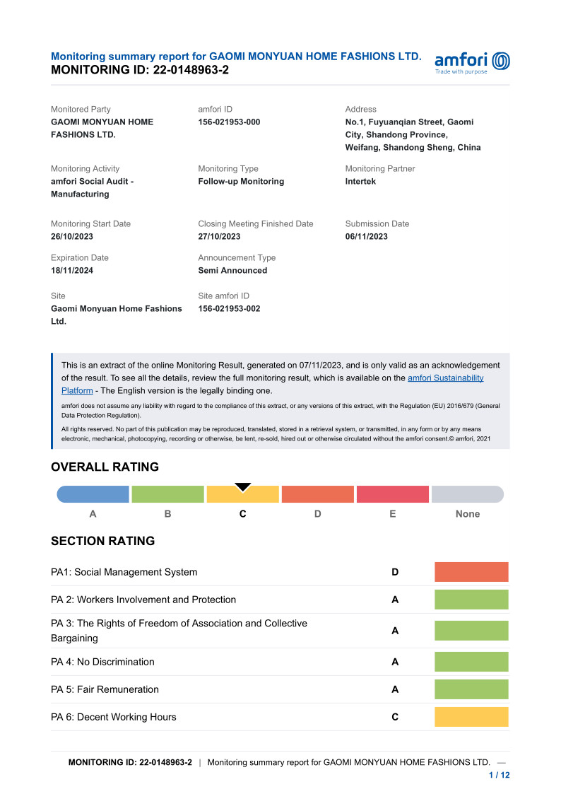 中国 Gaomi Monyuan Home Fashions Ltd. 認証